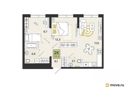 2-комн. квартира, 54.8 м&sup2;