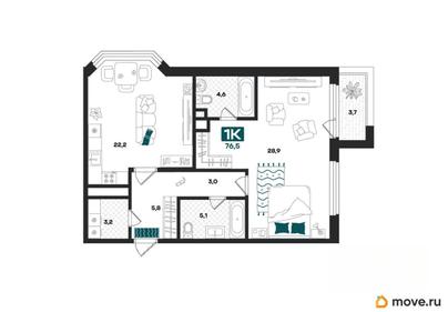 1-комн. квартира, 76.5 м&sup2;