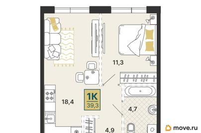 1-комн. квартира, 39.3 м&sup2;