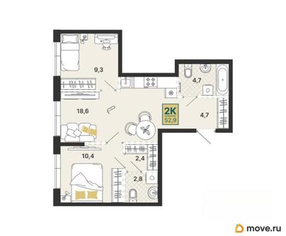2-комн. квартира, 52.9 м&sup2;
