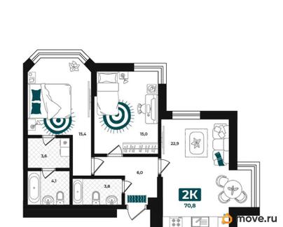 2-комн. квартира, 70.8 м&sup2;
