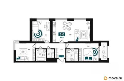 3-комн. квартира, 89.9 м&sup2;