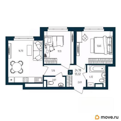 2-комн. квартира, 55.32 м&sup2;