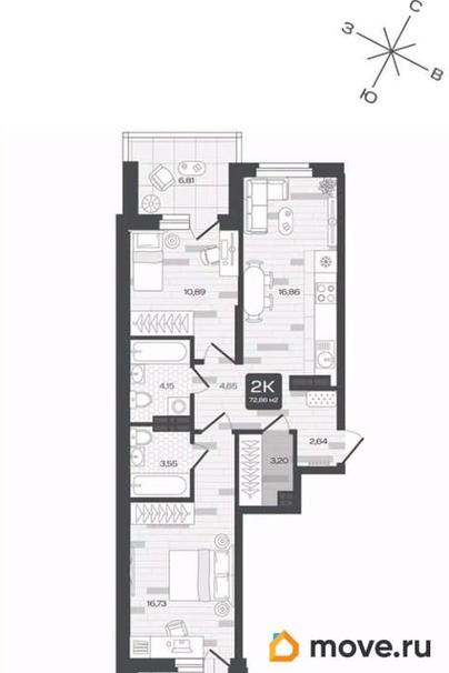 2-комн. квартира, 72.86 м&sup2;