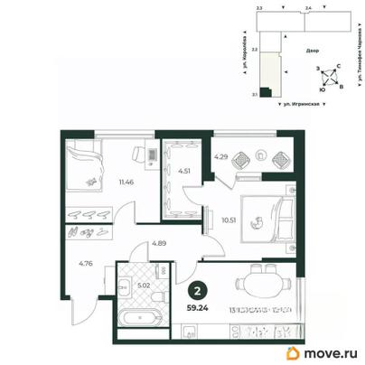 2-комн. квартира, 59.24 м&sup2;