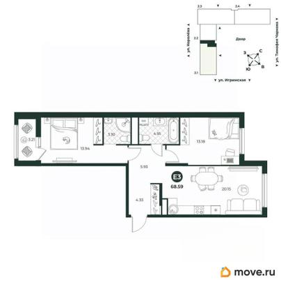 3-комн. квартира, 68.59 м&sup2;