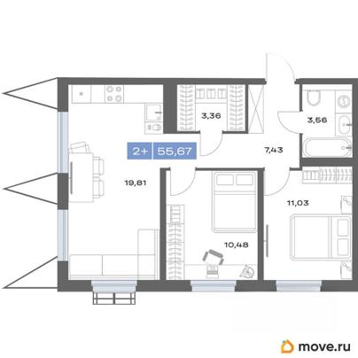 2-комн. квартира, 55.67 м&sup2;