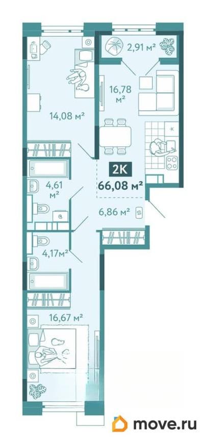 2-комн. квартира, 66.08 м&sup2;