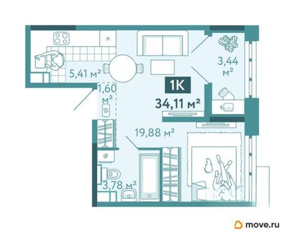 1-комн. квартира, 34.11 м&sup2;