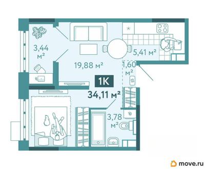 1-комн. квартира, 34.11 м&sup2;