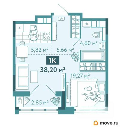 1-комн. квартира, 38.2 м&sup2;