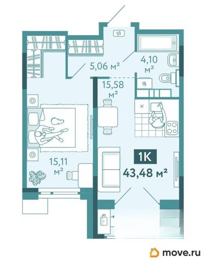 1-комн. квартира, 43.48 м&sup2;