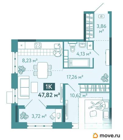 1-комн. квартира, 47.82 м&sup2;