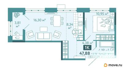 1-комн. квартира, 47.88 м&sup2;