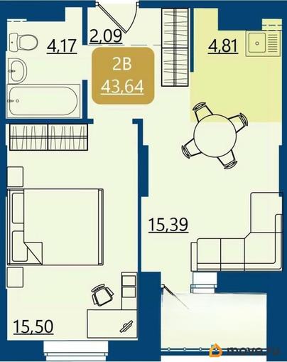 2-комн. квартира, 43.64 м&sup2;