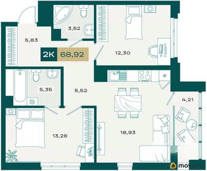 2-комн. квартира, 66.4 м&sup2;