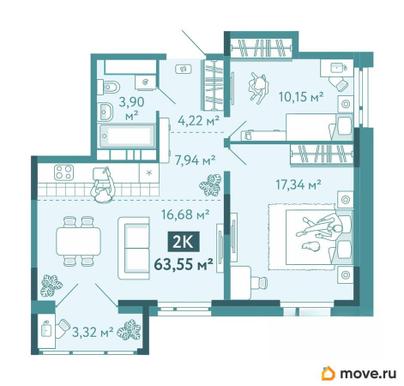 2-комн. квартира, 63.55 м&sup2;