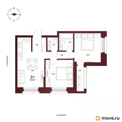 2-комн. квартира, 55.8 м&sup2;