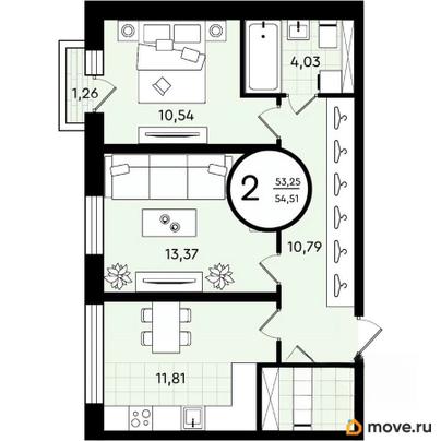 2-комн. квартира, 54.51 м&sup2;