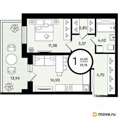 1-комн. квартира, 59.78 м&sup2;