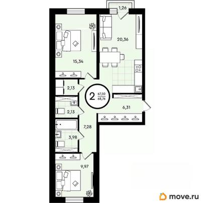 2-комн. квартира, 68.76 м&sup2;
