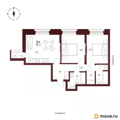 2-комн. квартира, 59.5 м&sup2;