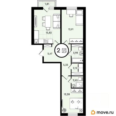 2-комн. квартира, 63.37 м&sup2;