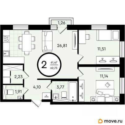 2-комн. квартира, 62.73 м&sup2;