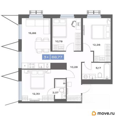 3-комн. квартира, 68.77 м&sup2;