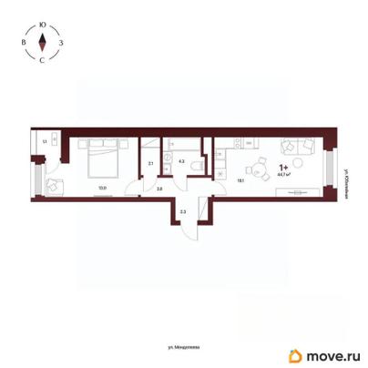 1-комн. квартира, 44.7 м&sup2;