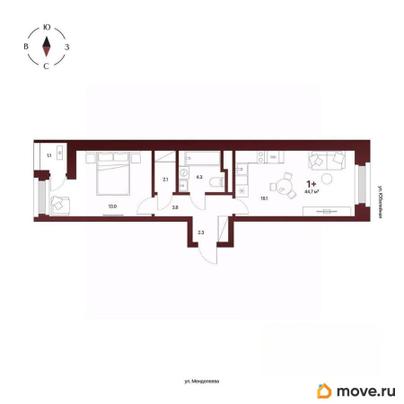1-комн. квартира, 44.7 м&sup2;