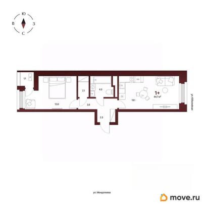 1-комн. квартира, 44.7 м&sup2;