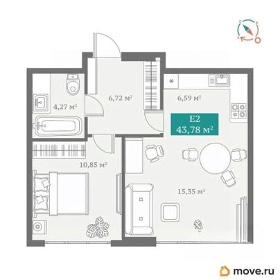 2-комн. квартира, 43.78 м&sup2;