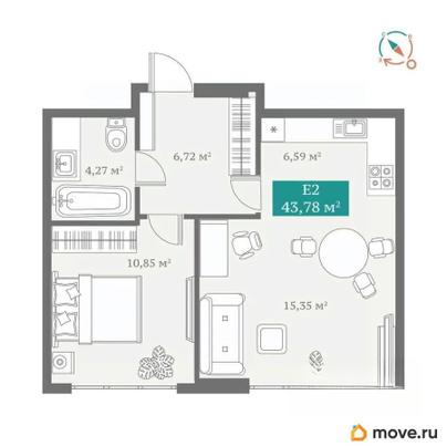 2-комн. квартира, 43.78 м&sup2;
