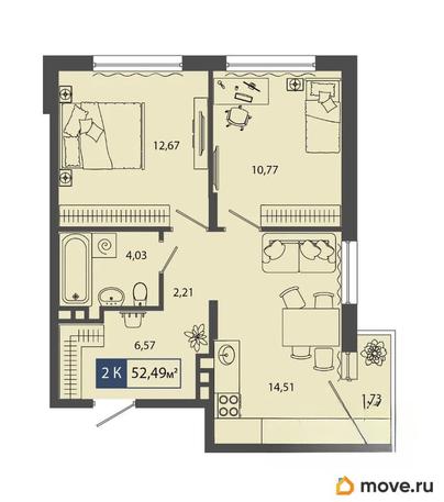 2-комн. квартира, 52.49 м&sup2;