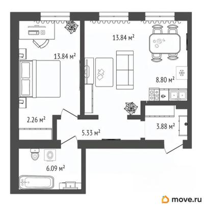1-комн. квартира, 54.04 м&sup2;