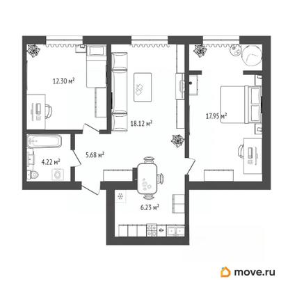 2-комн. квартира, 64.5 м&sup2;