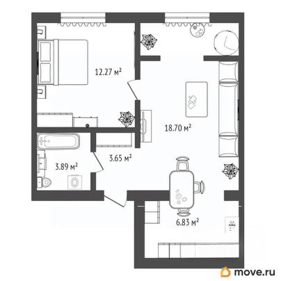 1-комн. квартира, 45.34 м&sup2;