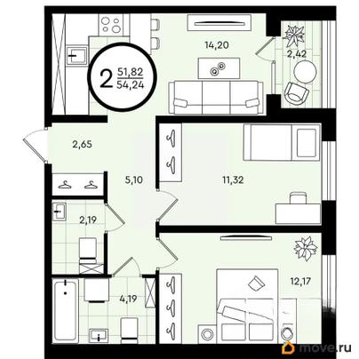 2-комн. квартира, 54.24 м&sup2;