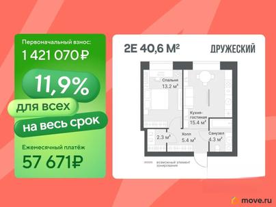 1-комн. квартира, 40.6 м&sup2;