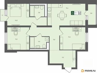 3-комн. квартира, 91.9 м&sup2;