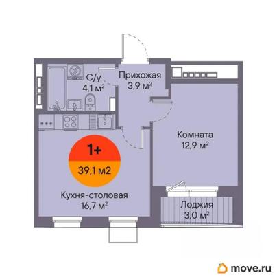 1-комн. квартира, 39.1 м&sup2;