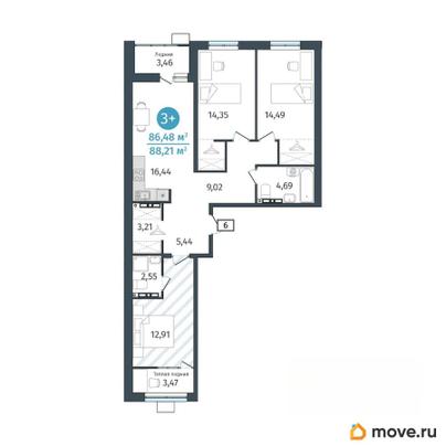 3-комн. квартира, 86.6 м&sup2;