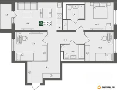 3-комн. квартира, 90.8 м&sup2;
