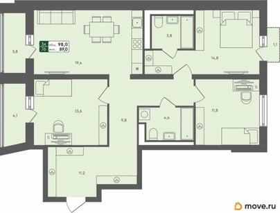 3-комн. квартира, 98 м&sup2;