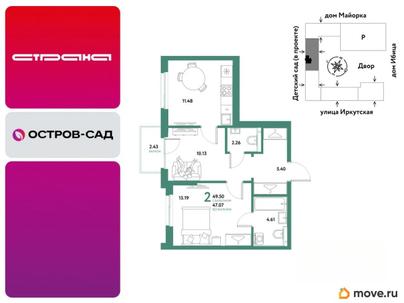 2-комн. квартира, 49.5 м&sup2;