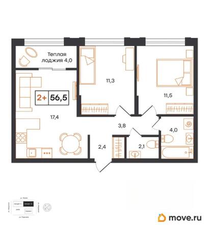 2-комн. квартира, 56.5 м&sup2;