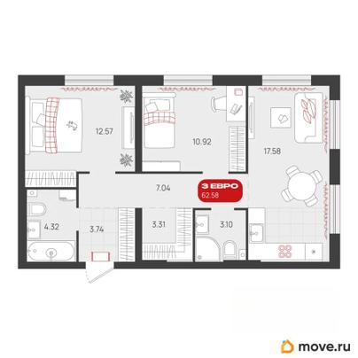 2-комн. квартира, 62.58 м&sup2;