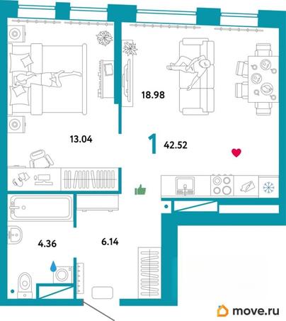 1-комн. квартира, 42.5 м&sup2;