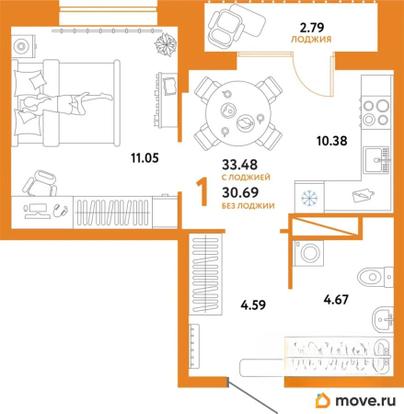 1-комн. квартира, 33.48 м&sup2;